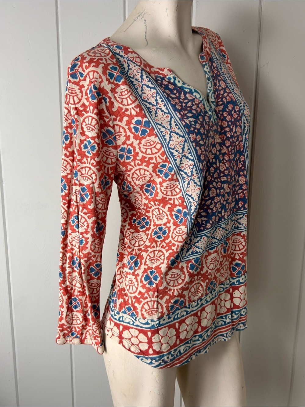 Lucky Brand Blue Floral top Boho Cotton Modal long Sleeve Size L new - Picture 3 of 7